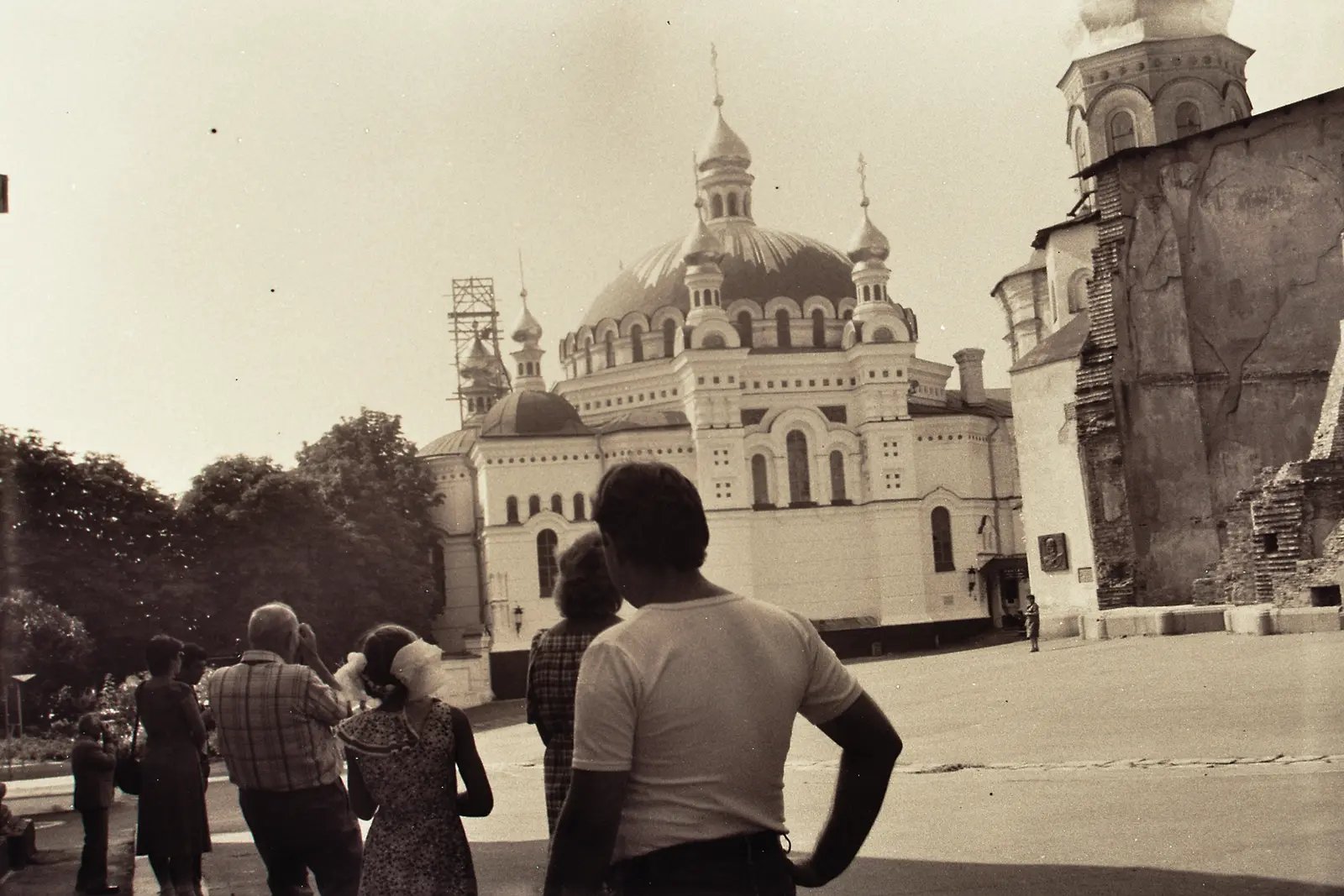 St Volodymyr's Cathedral and its domes behind a row of poplars