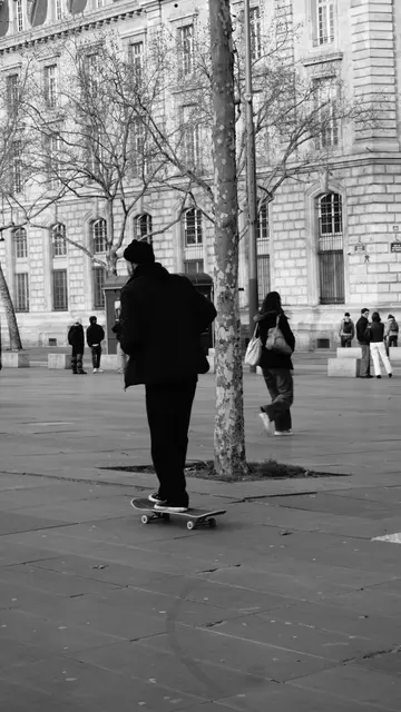 Skater from behind rolling toward a plane tree