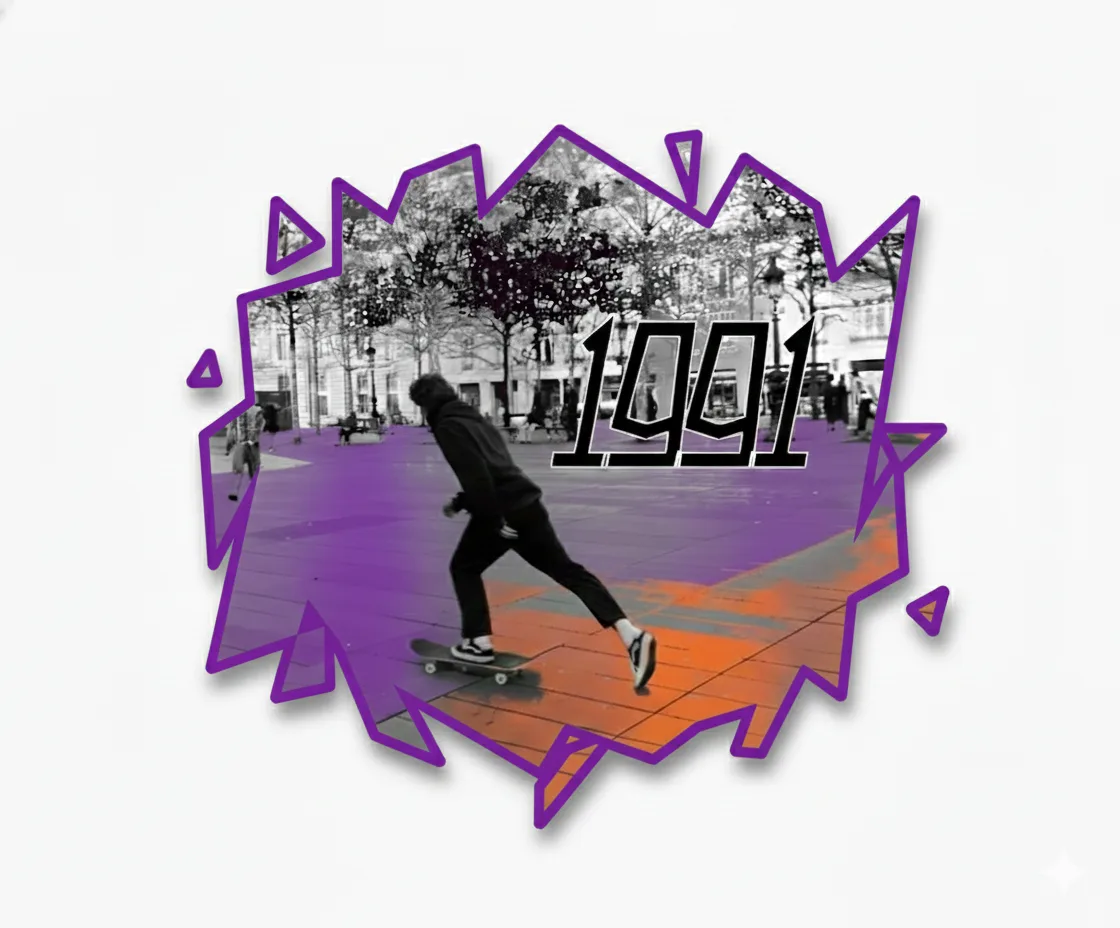1991 — skater rework with purple and orange spray shape