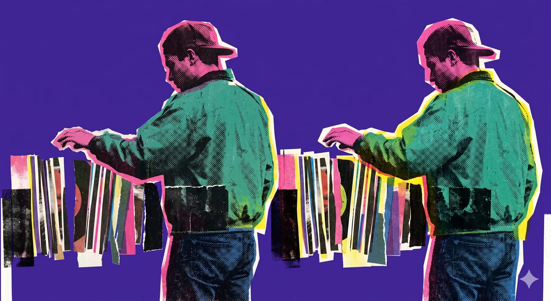 DJ digging records, pop screen-print collage on purple