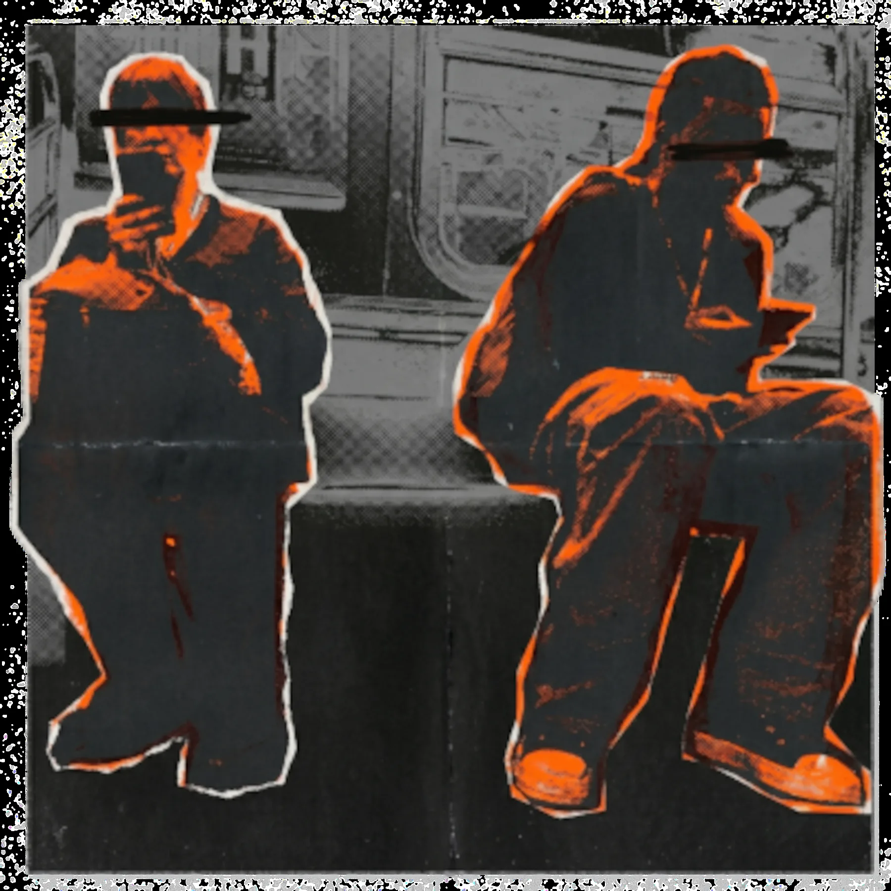 Subway riders rework, screen-print style with orange highlights