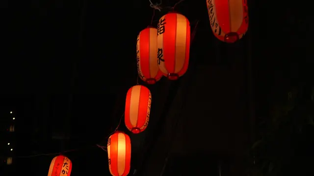 Red izakaya lanterns strung across the night